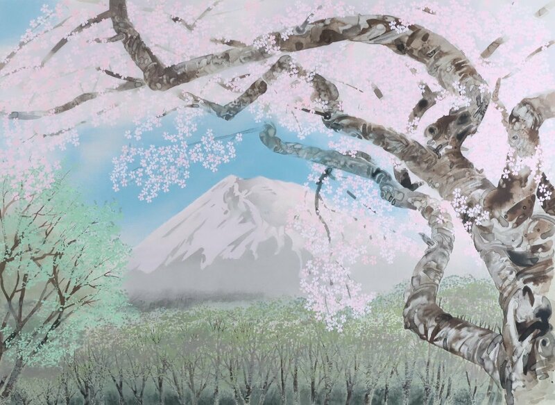 中島千波「櫻花霞富士(1)」HC版 シルクスクリーン 1998年 大型額装品 / リトグラフ 春 桜 版画