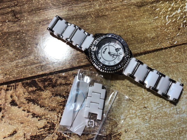 良品 Folli Follie フォリフォリ デイト ストーンベゼル セラミック×SS WF5T138BD クオーツ レディース 腕時計