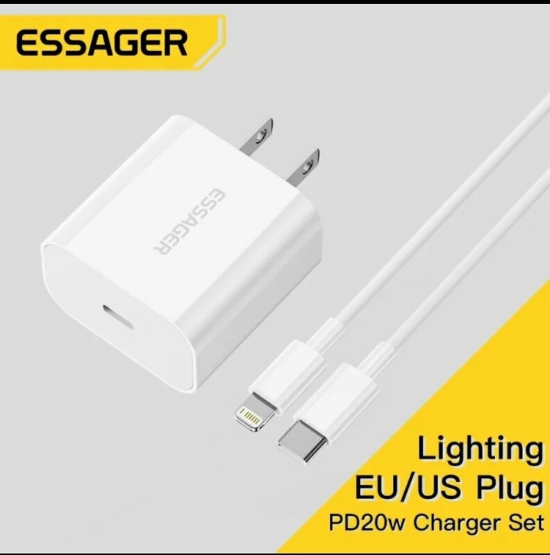 Essager　コンセント式急速充電器 iPhone 14,13,12x xs, 8等　急速充電USBタイプC-ライトニングケーブル付き ACアダプター家庭用コンセント