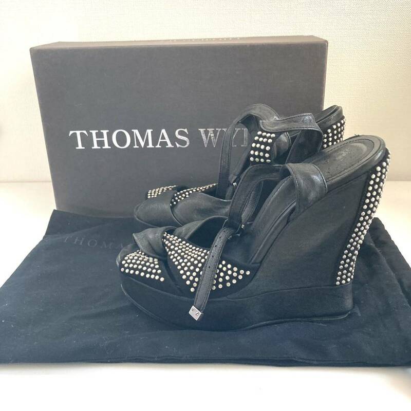 希少◆THOMAS WYLDE◆アンクルストラップサンダル レザー スタッズ ブラック シルバー トーマスワイルド 23cmくらい ヒール14cm 黒