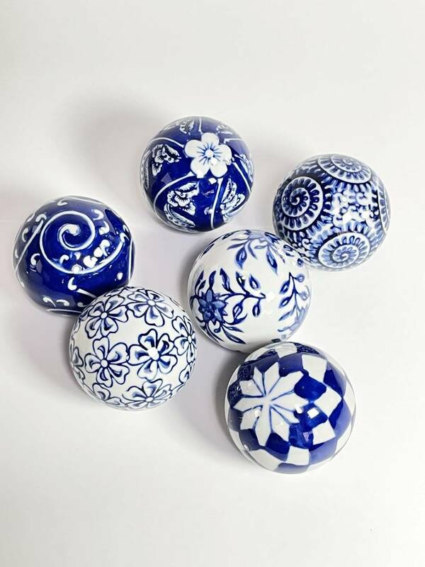 ■新品■ 浮き球 浮き玉 青花 陶器製 大 6個セット 水盤 蓮 水鉢 飾り 置物 玉 メダカ鉢 金魚鉢 ブルー