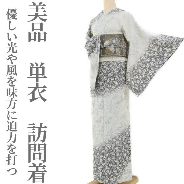 ゆめsaku2 美品 単衣 着物 正絹 仕付け糸付“優しい光や風を味方に迫力を打つ”訪問着 1912
