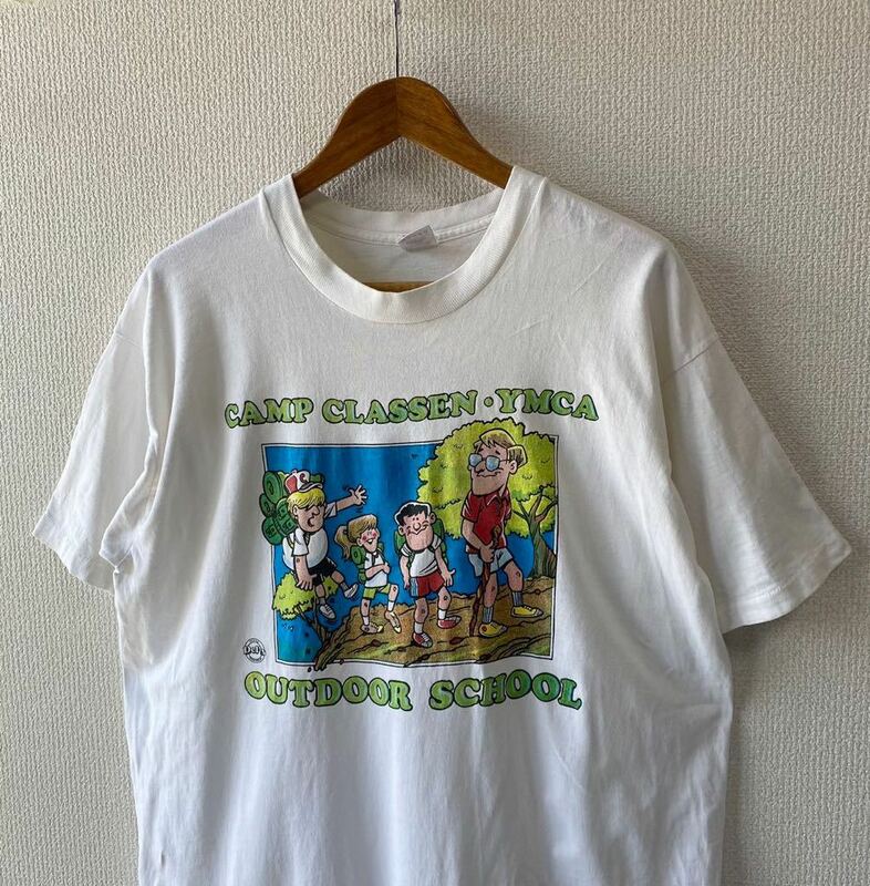 90s USA製 FRUIT OF THE LOOM プリント Tシャツ XL フルーツオブザルーム 半袖 キャンプ アメリカ製