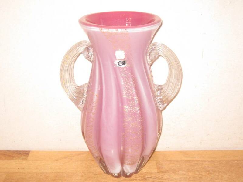 送料無料 ガラス花瓶 ピンク系 高さ28cm 重量約3kg 透明かぶせガラス 金箔