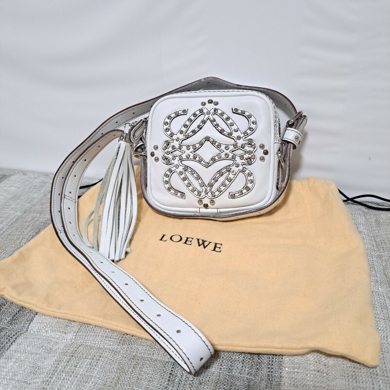 極美品　ロエベ LOEWE ショルダーバッグ - レザー×ラインストーン 白 バッグ　ストーン　ビジュー　ファスナースムーズ　保存袋