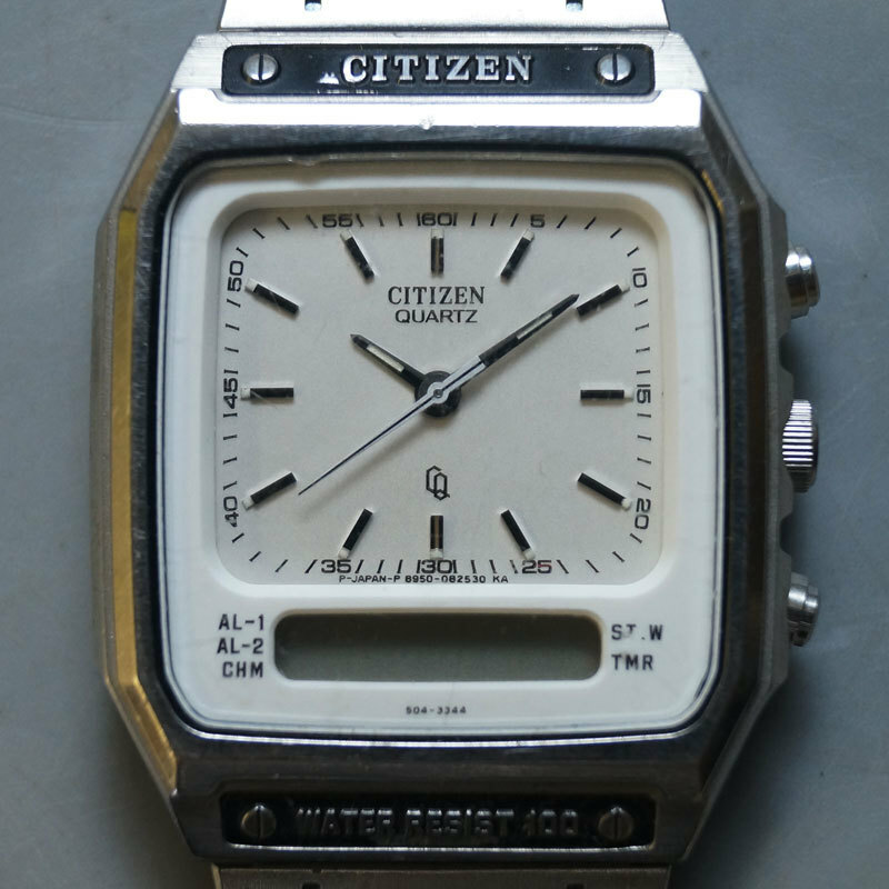 yj78-CITIZEN シチズン 腕時計 8950-084608 WATER RESIST 100 クォーツ デジアナ 白文字盤 日本製