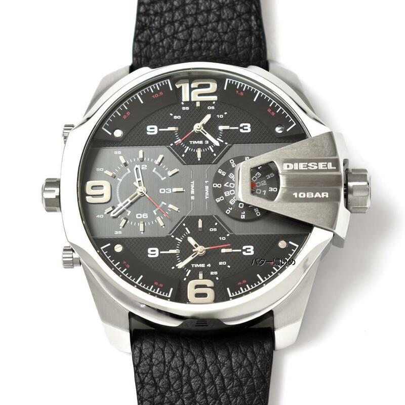 新品 ディーゼル DIESEL メンズ 腕時計 4タイム表示 ブラック文字盤 革ベルト レザーベルト 特大ビッグフェイス クオーツ 未使用