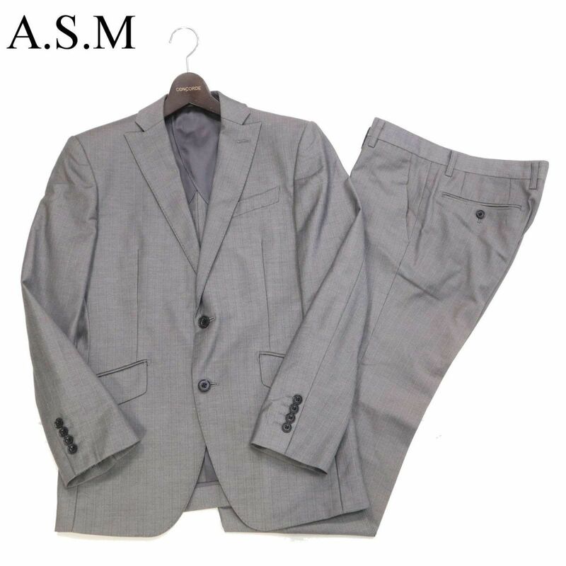 A.S.M アトリエサブ メン 通年 背抜き★ ヘリンボーン ストライプ 2B セットアップ スーツ Sz.48(M)　メンズ グレー　I3T00397_7#O