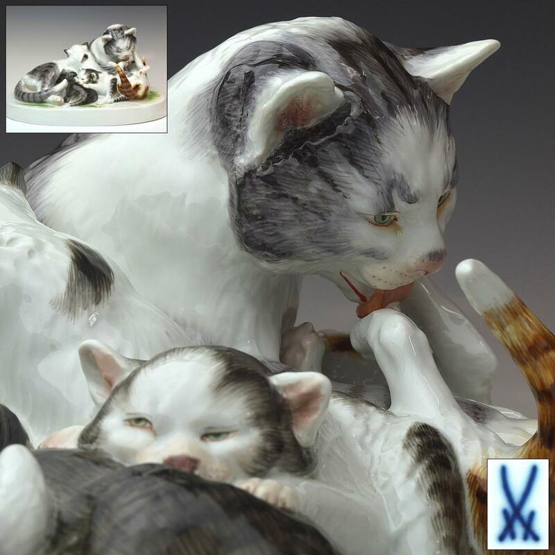 【趣楽】 希少 マイセン　Ｍeissen　眠る猫の親子　幅３０ｃｍ　重量４，４ｋｇ　ＨＡＥＨＮＥＬ刻　型番７８７３０　本物保証　Ｆ１９０１