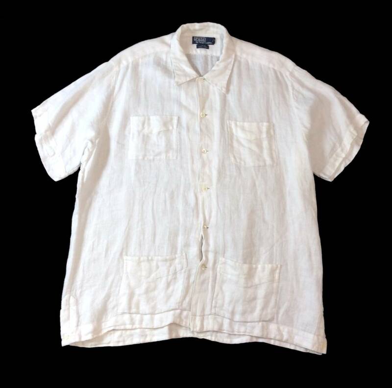 RALPH LAUREN ラルフローレン JAVA 90s リネン オープンカラー 半袖シャツ キューバシャツ 白 ホワイト メンズ L