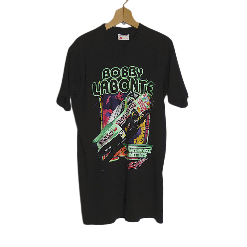 90s USA製 ボビー ラボンテ Bobby Labonte レーシング プリントTシャツ NASCAR ナスカー レトロ ビンテージ 黒 メンズ Lサイズ 輸入古着