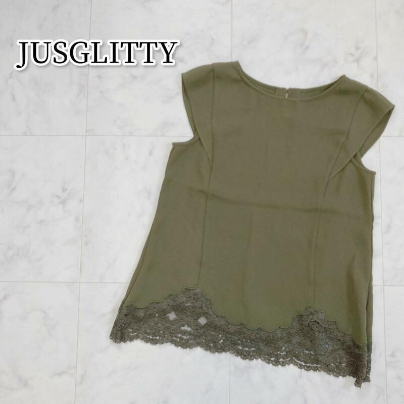 JUSGLITTY ノースリーブブラウス レース 大人綺麗め 上品 カーキ