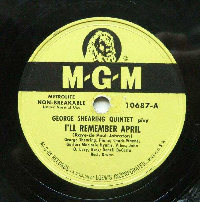 ◆ GEORGE SHEARING Quintet / I'll Remember April / Jumping With Symphony Sid ◆ MGM 10687 (78rpm SP) ◆