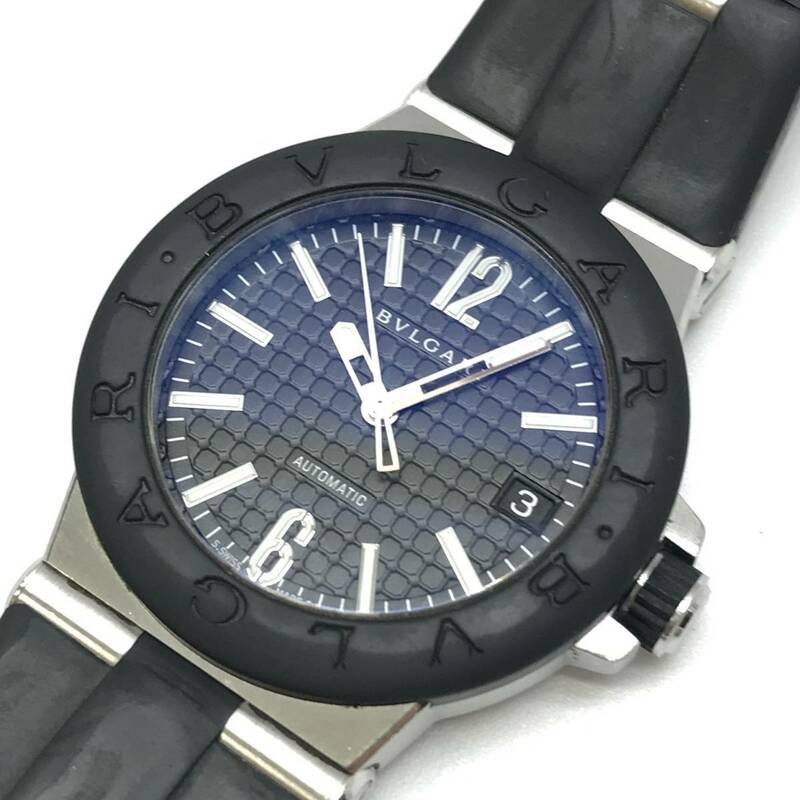 訳あり BVLGARI ブルガリ DG35SV ディアゴノ メンズ 腕時計 自動巻き 黒文字盤 バーインデックス 3針 デイト ラバーベルト 管理YK23002000