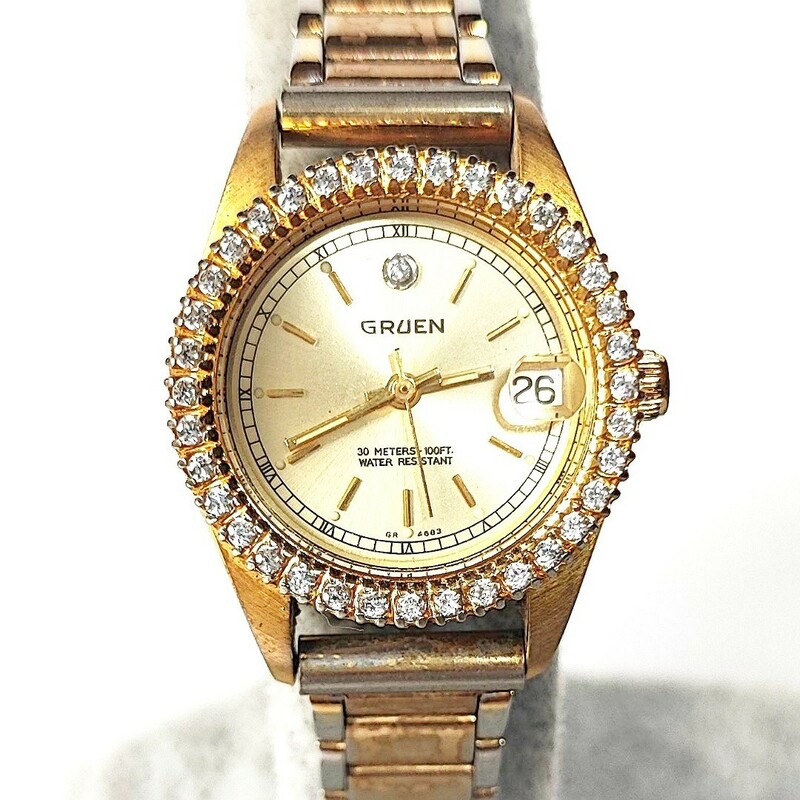 動作品 高級腕時計GRUEN グリュエン クォーツ3針 ゴールド SWISS MADE スイス製 宝石宝飾ストーン クォーツ レディース腕時計 稼働品 c374