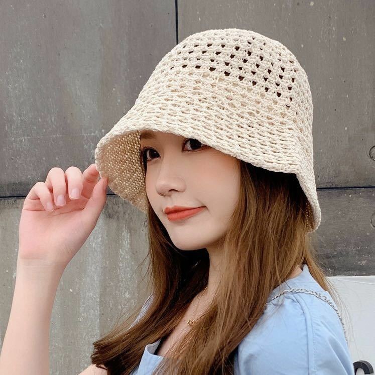 新品未使用 麦わら帽子 バケットハット UV対策 小顔効果 韓国 トレンド レディース ライトベージュ 折りたたみ 手編み帽子