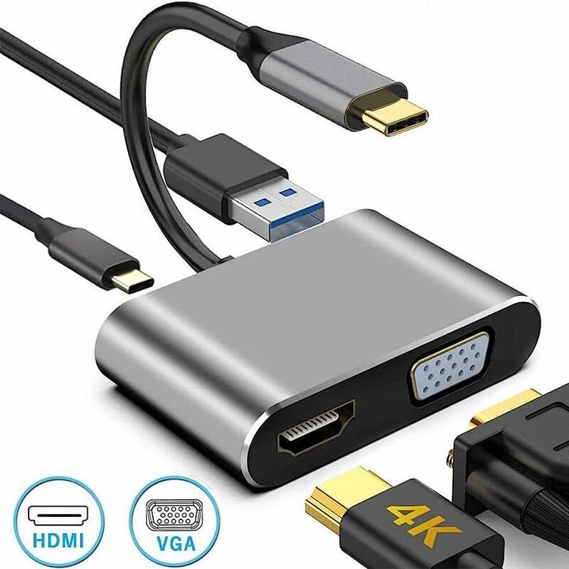 4ポート USB Type C アダプタ ハブ HDMI VGA 旅行用【4K対応HDMI出力ポート / VGAコンバーターポート / USB3.0高速ポート / 49W出力 充電