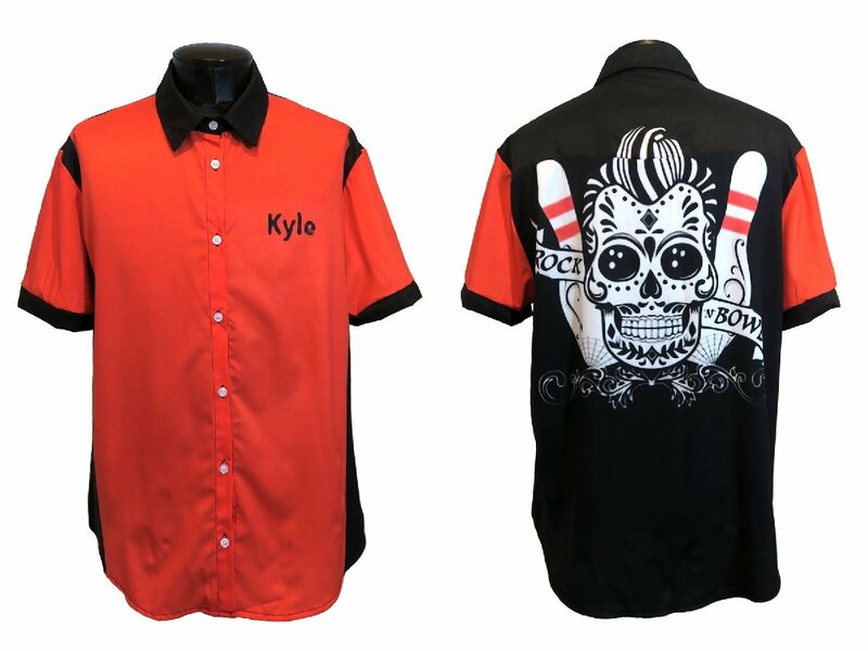 新品 Mサイズ ボーリングシャツ レギュラーカラー 1329 赤×黒 レッド ブラック ロカビリー 骸骨 スカル 柄シャツ バックプリント パンク