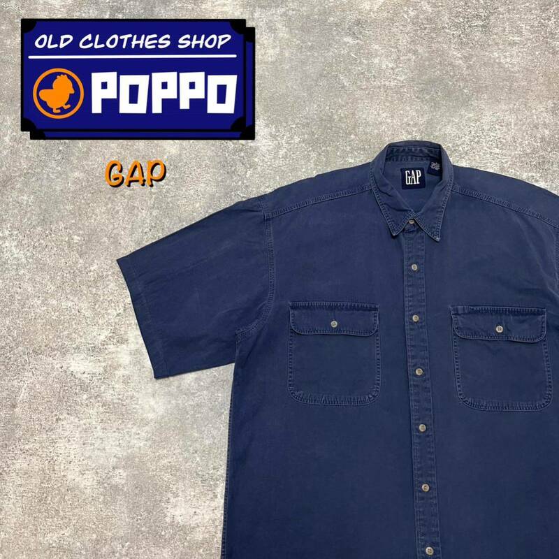 オールドギャップGAP☆フラップ付きダブルポケット半袖チノワークシャツ 90s青　半袖シャツ