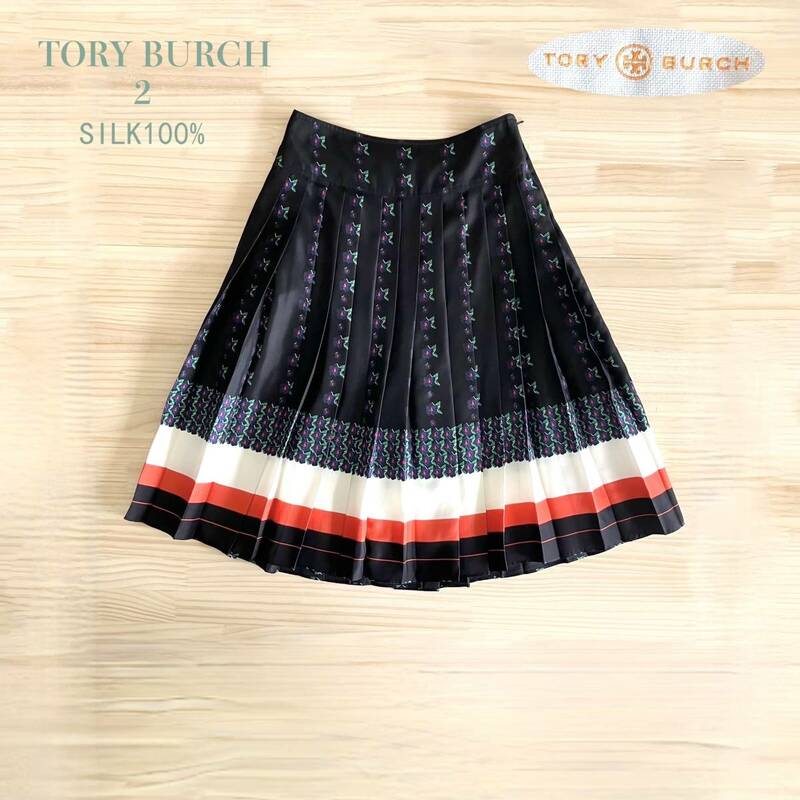 ■ TORY BURCH トリーバーチ ■ 2 ■ シルク スカート ■ L ■ 花 フラワー ■ タック プリーツ ブラック ■ /
