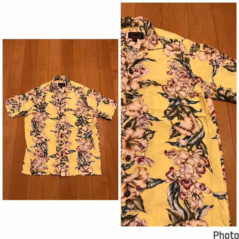 美品☆Hawaii製／RESERVE・HAWAIIAN COLLECTION メンズサイズS　半袖希少.レーヨンオールドアロハシャツ　ハワイアンボーダー柄 淡い黄色