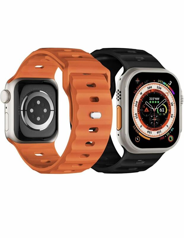 Apple watch バンド 49mm 45mm 44mm 42mm アップルウォッチバンド シリコンベルト Apple watch スポーツバンド　2本黒オレンジ