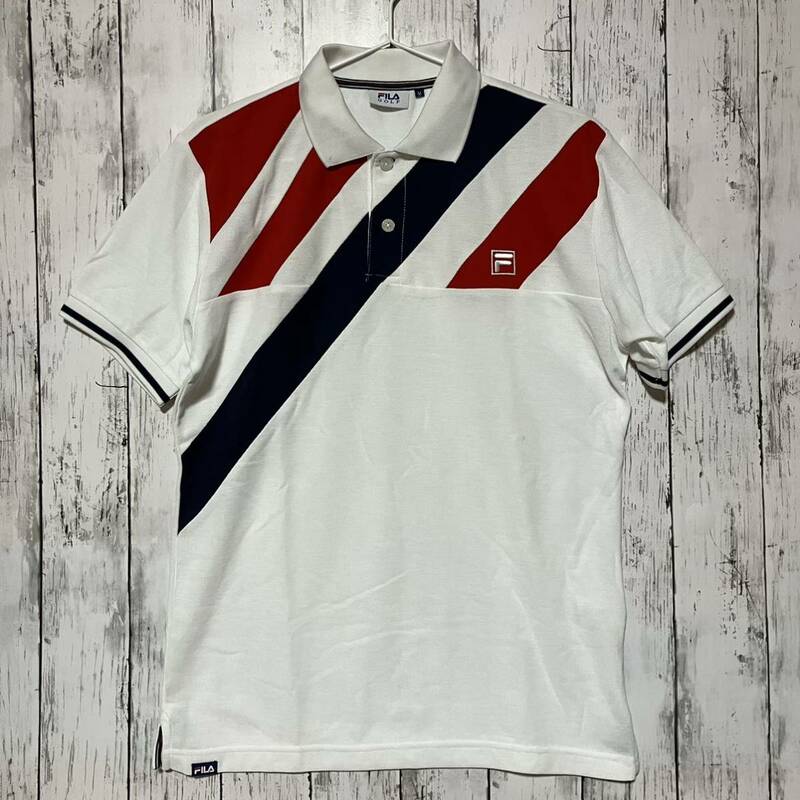 【FILA GOLF】フィラゴルフ メンズ 半袖ポロシャツ Mサイズ ホワイト トリコロール