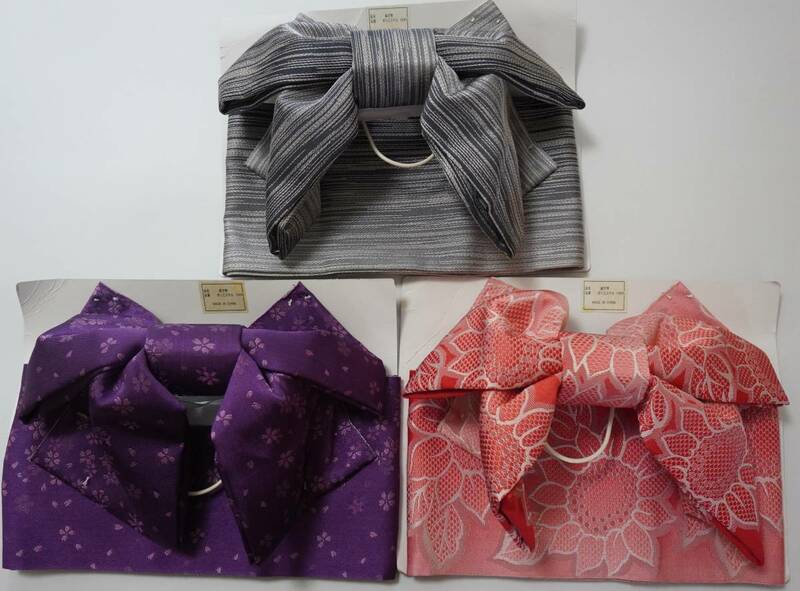 新品即決！女性yukata用、地紋柄結び帯４－３４墨ぼかしｘ１、紫ｘ１、赤ぼかしｘ１