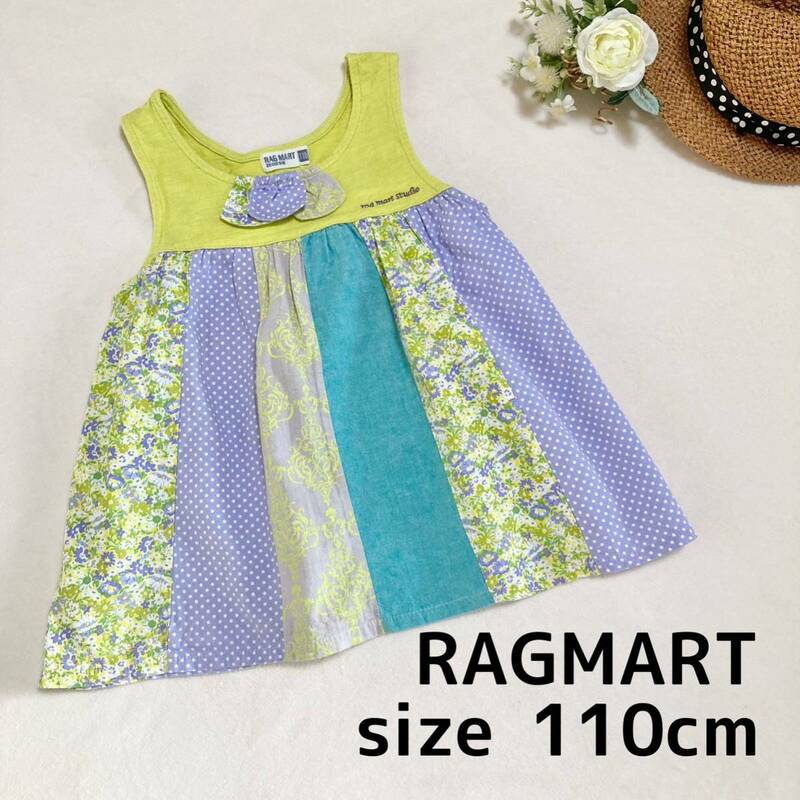 ラグマート☆110cm トップス チュニック ワンピース ノースリーブTシャツ 女の子 異素材 フリル カットソー RAGMART 同梱で送料無料 100 95