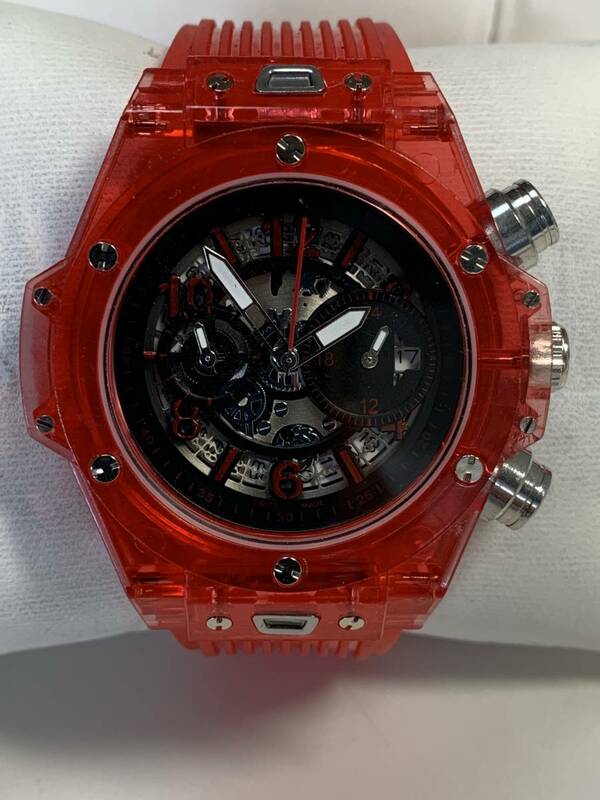 B349 メンズ腕時計　KIMSDUN　デイト　3針　フルスケルトン　レッド　クロノグラフ　クォーツ