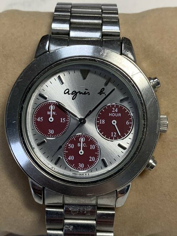 Ｂ433　腕時計　agnis b/アニエス　ベー　V654-6100 クロノグラフ　シルバー×レッド　3針
