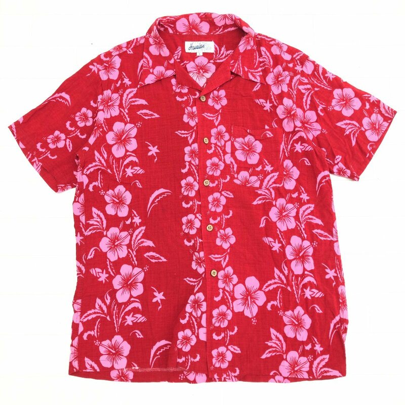 HAWAIIAN ALOHA TROPICAL レーヨン100% ハイビスカス柄 アロハシャツ L 赤 レッド 花柄 半袖 国内正規品 メンズ 紳士