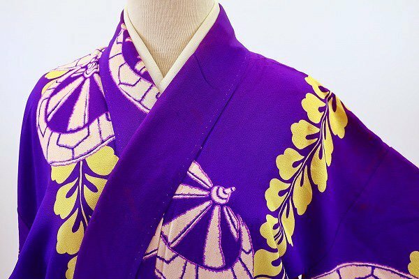 【着物フィ】アンティーク 小紋 藤 車輪 紫 黄色 身丈148.5cm 大正ロマン レトロ 仕立て上がり kimono 14080