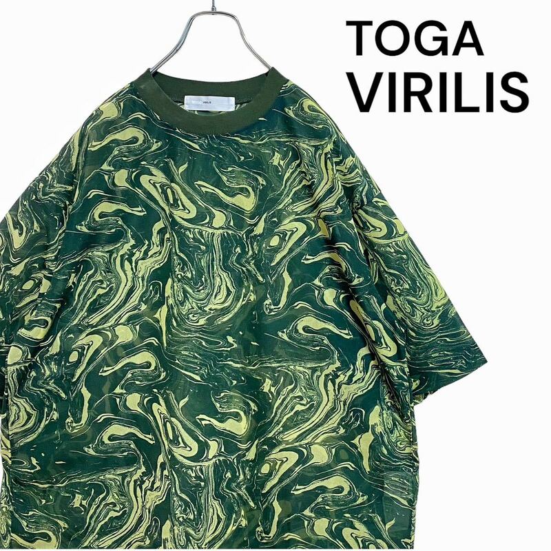 【人気】トーガ マーブル プリント シアー Tシャツ メンズ 48 グリーン トーガビリリース TOGA VIRILIS 総柄 マーブル柄 シースルー 緑 L