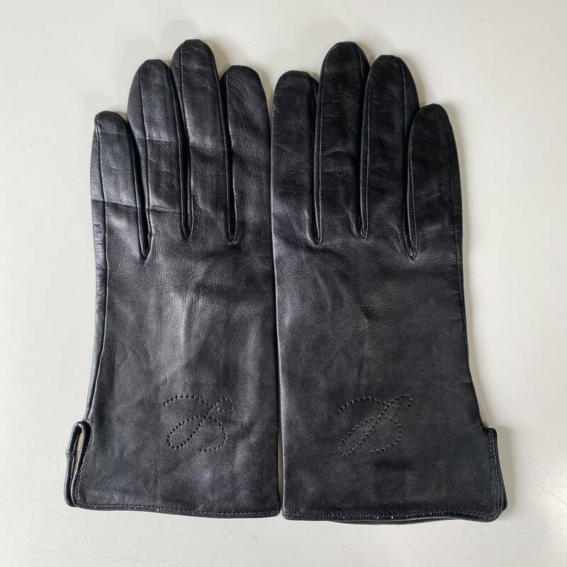 【美品】ロエベ　LOEWE レディース　レザーグローブ　ブラック　黒革手袋　サイズ7 シルク裏地　フランス製