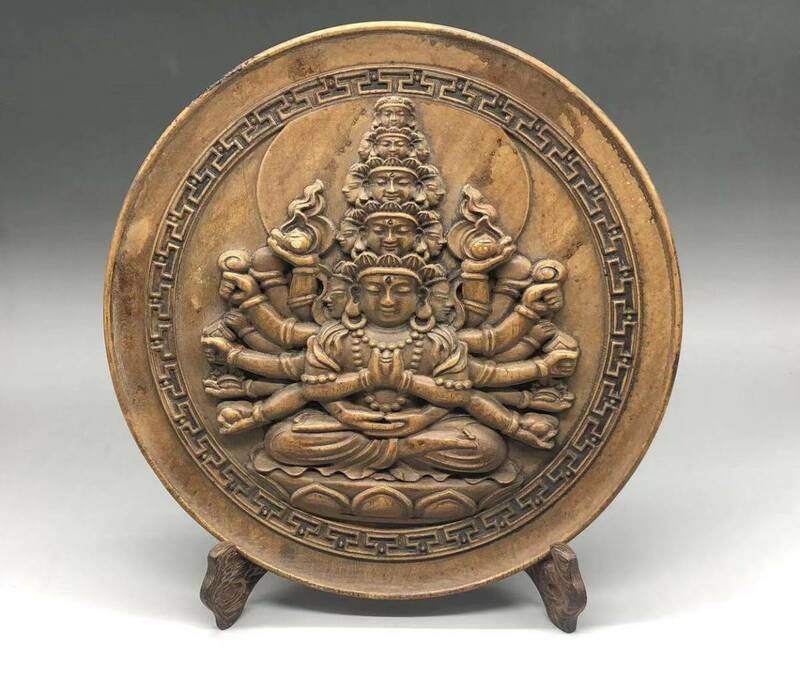 【吉】仏教聖品 古石細工彫 十一面千手観音 置物 台 極珍 極美k32