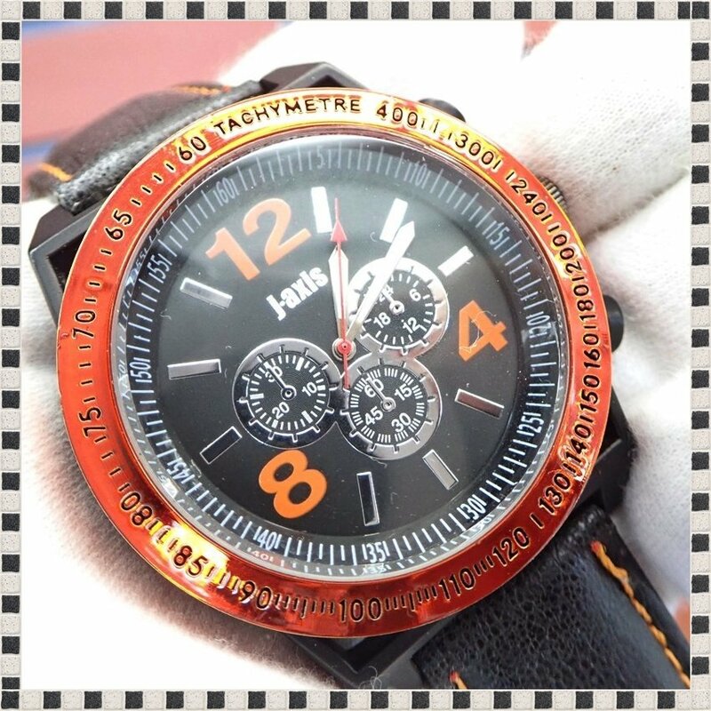 【 良品 】 J-AXIS クォーツ BG1032 革ベルト 大型ケース 50mm メンズ 腕時計