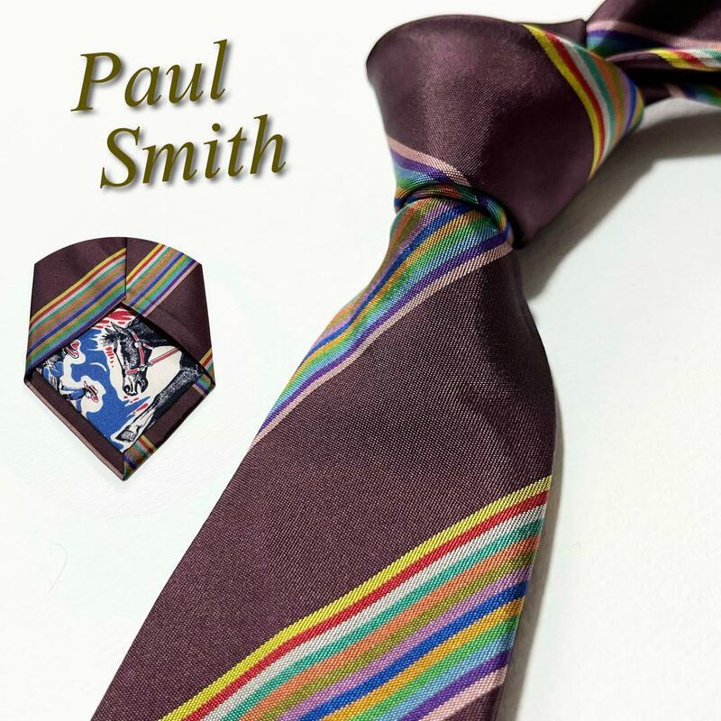 【美品】Paul Smith ポールスミス ネクタイ マルチストライプ柄 裏地柄 マルチカラー メンズ スーツ 光沢 レジメンタル ハイブランド 高級