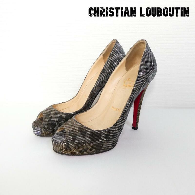 良品 Christian Louboutin クリスチャンルブタン サイズ35.5 約22.5㎝ ヒョウ柄 グリッター オープントゥ ハイヒール パンプス シルバー系