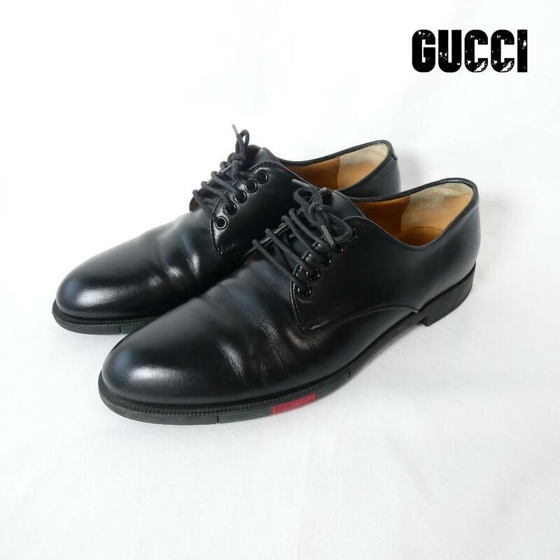 美品 GUCCI グッチ 7.5 約26.5㎝ シェリーライン デザインソール レースアップ プレーントゥ ビジネスシューズ 革靴 黒 ブラック