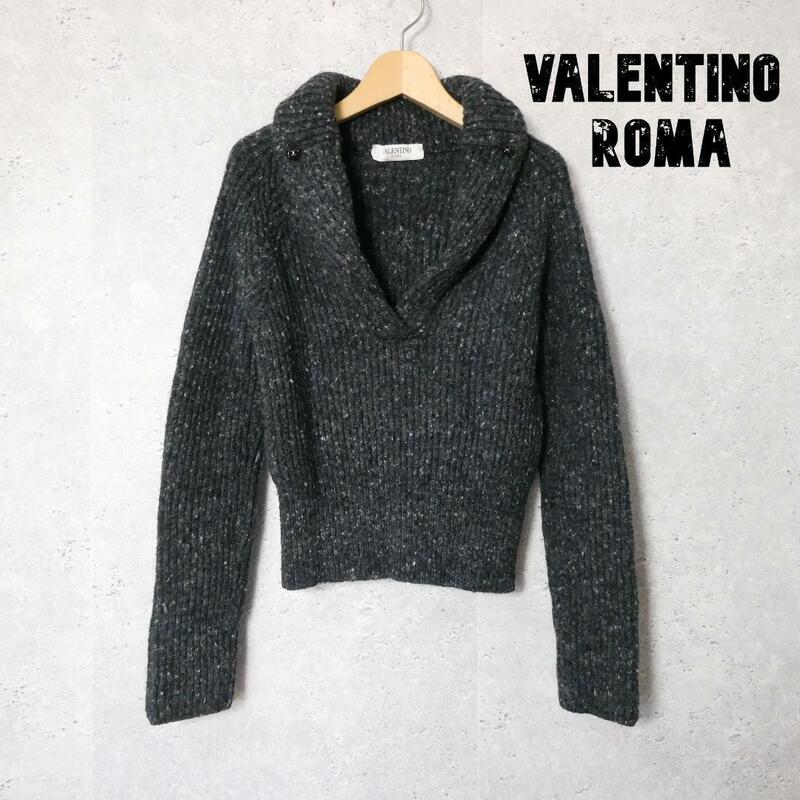 極美品 VALENTINO ROMA ヴァレンティノローマ サイズ38 ショールカラー ニット セーター プルオーバー ウール×カシミヤ グレー 灰