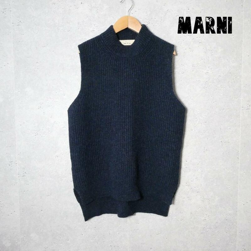 美品 MARNI マルニ 20AW サイズ46 裾スリット リブニット ウールリブモックネックニットベスト プルオーバー 紺 ネイビー