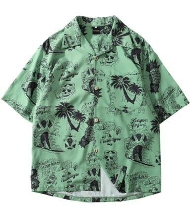 即決)アロハシャツ　半袖シャツ　カラー　２色　柄物　ロック　白　緑　メンズ　レディース　ユニセックス