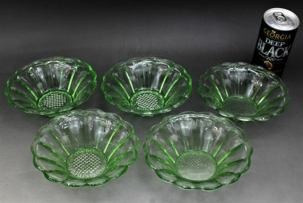 D075 ガラス製 シャーベット皿 ひまわり 緑色 5枚 昭和レトロ 蔵出 古玩 珍蔵