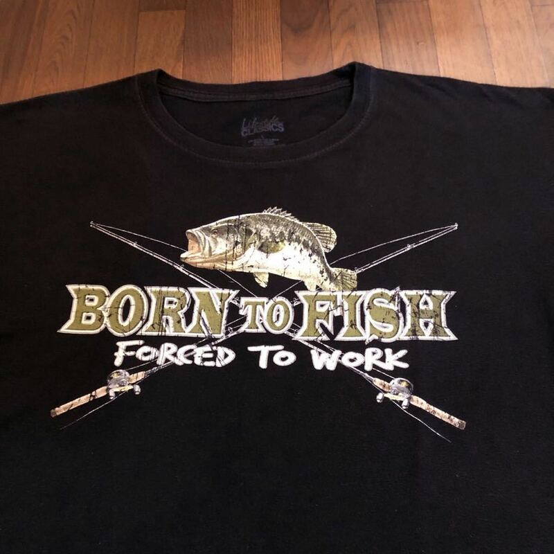 ★送料３７０円★BORN TO FISH★ブラックバスプリントＴシャツ フィッシャーマンアングラーズLサイズ　ブラック色