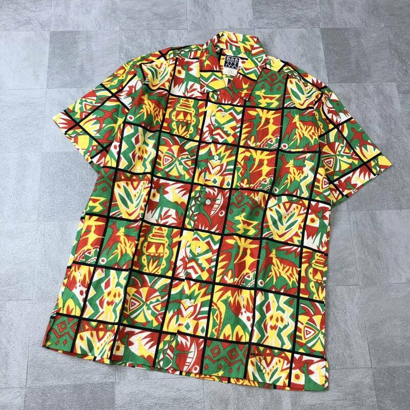 良品　TRAVEL&LERSURE CLOTHING 総柄　アロハシャツ 半袖シャツ　リネン混　レッド系　サイズS
