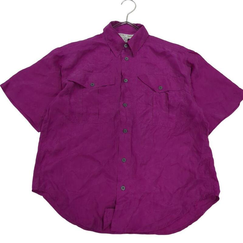 100%シルク半袖シャツ薄手無地シンプル紫レディースM　c5