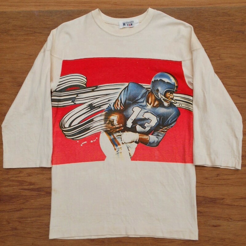 '80s VAN JAC ヴァンヂャケット 7分袖 フットボールTシャツ M アメフトプリント ベージュ SCENE シーン Kent ケント 当時物 ヴィンテージ 