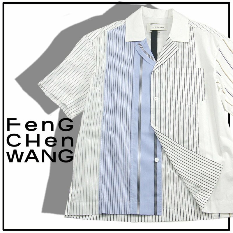 新品 Feng Chen Wang 【パッチワーク ビッグャツ】 SHORT SLEEVE STRIPED SHIRT ドロップショルダー L 半袖シャツ 352699 フェンチェンワン