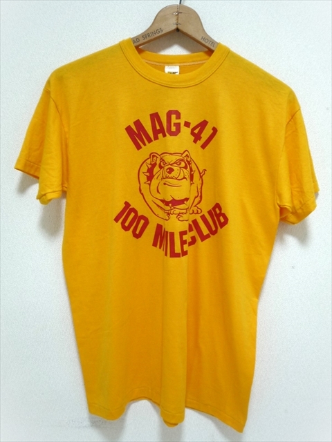70～80’ｓ ビンテージ MAG-41 100MILE CLUB 半袖 Tシャツ L(42-44) 金タグ ラッセル USA製 50％ポリエステル 50％コットン 黄色 犬 男女兼